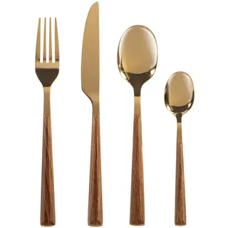 H&H Sylva Besteckset 24-teilig – Edelstahl mit glänzender Gold-Finish und Holzoptik ABS-Griff, spülmaschinengeeignet, 6 Personen