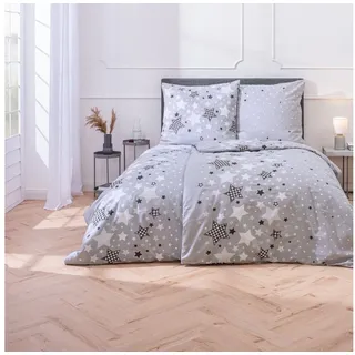 MTOnlinehandel Bettwäsche Sterne 135x200 + 80x80 cm, 100 % Baumwolle, Biber, 2 teilig, Kinderbettwäsche mit vielen Sternen und Sternchen in grau & weiß grau