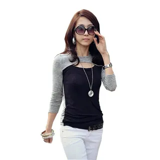 Mississhop 3/4-Arm-Shirt Zweifarbige Oberteil Bluse / Tunika / Longshirt Boho Style S M L XL grau|schwarz