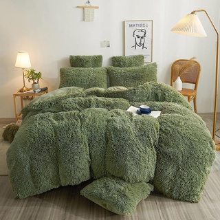 AShanlan Warme Plüsch Bettwäsche 155x220 Grün Flauschig Winter Bettbezug Langhaar Flausch Fleece Plüschbettwäsche Set mit Reißverschluss Kopfkissenbezug - 155 x 220 + 80 x 80 cm