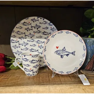 Clayre & Eef Geschirr Gedeck Fische Desser / Speißeteller / Tasse Maritim Blau