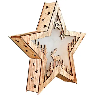 Bambelaa! Stern Holz Beleuchtet 10 LED Hologramm Weihnachtsbeleuchtung Weihnachtsdeko Weihnachten Holzstern ca 30 x 30cm
