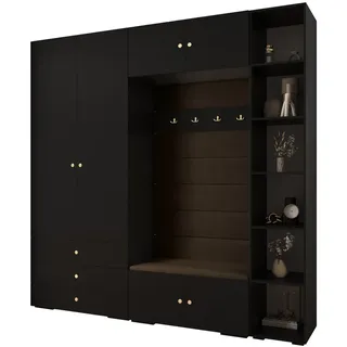 Abiks Möbel Garderoben-Set, Schwarz, Braun, Gold, Holz, Nachbildung, 2-Sitzer, 13 Fächer, 240x236.7x47 cm, Garderobe, Garderoben-Sets & Serien, Garderoben-Sets