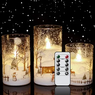 Eldnacele LED Kerzen im Glas mit Schneemann-Motiv für Weihnachten, 3er Set | LED Stumpenkerzen Echtwachs, LED Kerzen mit Fernbedienung, flackernde Flamme, Timerfunktion, batteriebetrieben, dimmbar