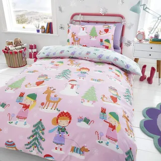 Happy Linen Company Kinder Bettwäsche-Set für Mädchen - wendbar - festliches Weihnachtsmotiv mit Weihnachtsbaum, Schlittschuhfahren und Dackel - Rosa - für Kleinkindbetten