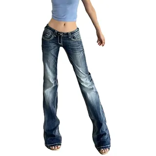 Sawmew Damen Retro Bootcut Jeans Y2K Schlaghose mit Used-Optik Low-Waist Design mit Ausgestelltem Bein Stretch-Denim Distressed Details 90s Vintage-Style(S) - S