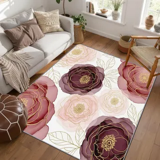 PaxGloz Teppich Blumen Rosa - Teppiche Wohnzimmer Schlafzimmer Bordeaux Aquarell, Kleiner Teppich Elegant, Weich Kurzflor & Waschbar & rutschfest Fussmatte Innen, Kinderteppich 80x150 cm