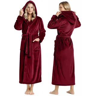 NY Threads Damen Fleece-Bademantel mit Kapuze – Plüsch, langer Bademantel, Burgunder, X-Large - XL