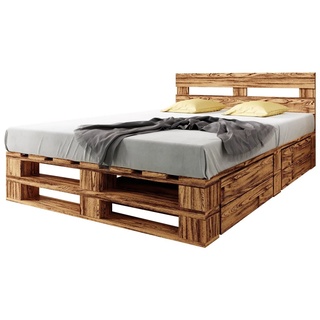 sunnypillow Palettenbett M2 aus Holz mit Kopfteil und 2 Bettkästen, 160 x 200 cm + Schubladen Geflammt braun