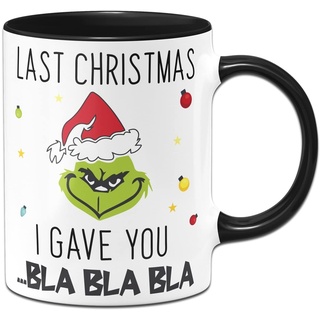 Tassenbrennerei Grinch Tasse mit Spruch: Last Christmas Bla Bla Bla - Weihnachtstasse lustig - Kaffeetasse als Grinch Deko (Schwarz)