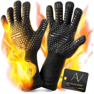 AVANA Grillhandschuhe aus Aramid Ofenhandschuhe Hitzebeständig bis 800°C | Backhandschuhe, Rutschfestes Silikon, Topfhandschuhe, BBQ Handschuhe Feuerfest, Schwarz