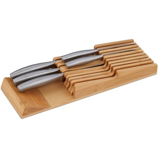Relaxdays Messerhalter Schublade, für 9 Messer & Wetzstahl, Bambus Messerblock liegend, HxBxT: 5,5 x 13 x 40 cm, natur