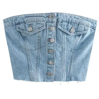 Damen Button-Down Denim Bustier Crop Top trägerlose Jeans Korsett Top Rückseiten Push Up Tank Tops Vintage Harajuku Streetwear-B, S - S