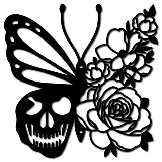 CREATCABIN Totenkopf-Metall-Wandkunst Dekor Schmetterling Blume Schwarze Wandschilder Hängende Metallornament-Skulptur Für Terrasse Balkon Zuhause Wohnzimmer Küche Dekoration Draußen Geschenk 30x30cm