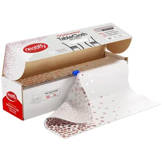 Neatiffy abbaubare Einweg-Tischtuchrolle aus Kunststoff mit Gleitschneider, wasserdichte Abdeckung für alle Tische/Formen, Picknick, Party, Geburtstage, Hochzeiten weiße Roségold-Punkte