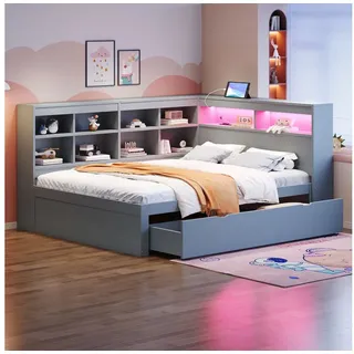 HAUSS SPOLE Schlafsofa 140x200cm mit Schubladen, USB-Steckdose, LED-Lichtleiste, Grau, Multifunktionales Massivholz Tagesbett 140x200 cm, LED-Beleuchtung und viel Stauraum, Modernes Design, mit Schubladen, Regalen, Daybett für Schlafzimmer und Gästezimmer, für Erwachsene und Teenager, mit Matratze grau