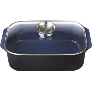 GSW Stahlwaren GmbH Rechteckiger Bräter mit Glasdeckel und Aromaknopf, 40 x 26 x 11 cm, 8 Liter, Aluguss, Blau/Schwarz/Transparent