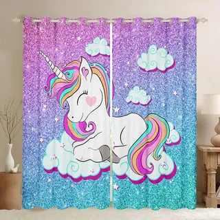 Loussiesd Mädchen Einhorn Vorhänge Mädchenhaft Glitzer Tier Dekor Fenstervorhang 245x140cm Pastell Regenbogen Verträumtes Pferd Blickdichte Vorhänge Rosa Blau Helles Schlafzimmer Dekor