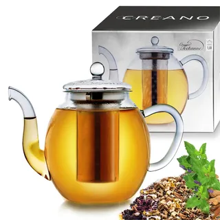 Creano Teekanne aus Glas 1,0l mit Edelstahl-Filter - Glasteekanne mit Edelstahl-Sieb und Glas-Deckel - Dobin-Teekanne Ideal zur Zubereitung von Losen Tees - tropffrei