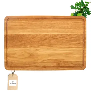 HOFMEISTER® Schneidebrett Eiche 50 x 30 cm mit Saftrille – massives Holzbrett für Küche und Grill, klingenschonend, Handarbeit (1 Stück)