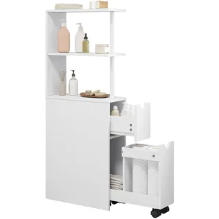 EUGAD Nischenschrank Badezimmer, mit Schublade auf Rollen, offenen Ablagen, Badschrank Badezimmerschrank schmal, Seitenschrank Küchenschrank Mehrzweckschrank, Weiß, 19x113x45 cm (BxHxT)
