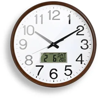 PORFOYO Lautlos Wanduhr Mit Temperaturanzeige, Kalender Und Wochentag, Wanduhr Ohne Tickgeräusche 32cm, Modern Quarzuhr, Digitale Wanduhr Für Wohnzimmer Schlafzimmer Büro Küche