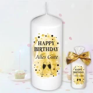 Geburtstagskerze Stumpenkerze - Happy Birthday, Alles Gute - Für Dich | moderne Motive auf Tattoofoliein Gold | Geschenkfolie und goldener Schleife | Kerze in Geschenkverpackung