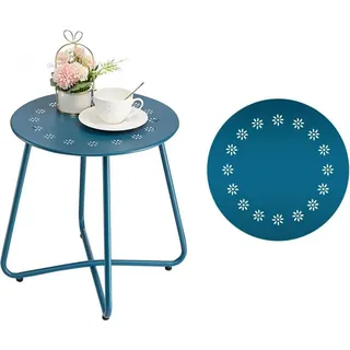 Outdoor Beistelltisch mit Blumenausschnitten, Wetterfest, Stahl, Rund, Metall, Marineblau - Blau