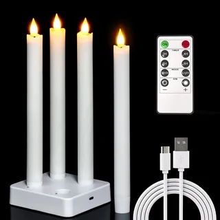 PChero LED Kerzen Aufladbar mit Ladestation und Fernbedienung, 4er Set Echtwachs Elektrische LED Wiederaufladbare Kerzen Flackernd Stabkerzen mit Timerfunktion für Halloween Weihnachten Zimmer Deko