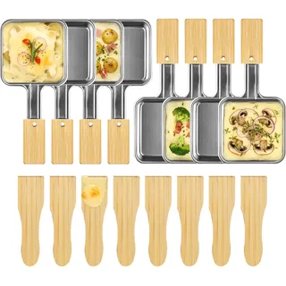 Kosmosta 8er Set Edelstahl Raclette Pfännchen Quadratisch mit Extra Langem Griff und Bambusgriff, 8 Bambus Spatel, Ohne Beschichtung, Große Raclette Grillpfannen, Ersatz Zubehör