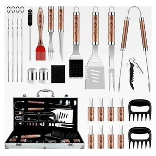Grillbesteck Set aus Edelstahl, 29 Teile Grillset für Männer Geschenk, Grill Zubehör Set mit Spatel im Alukoffer, Grillbesteck Koffer für Outdo...