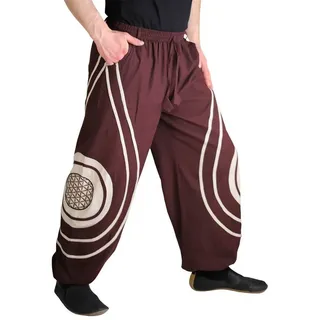 KUNST UND MAGIE Haremshose Hose Blume des Lebens Hippie Pluderhose Kordelzug Gürtelschlaufe Harem braun 4XL
