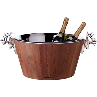 Edzard Weinkühler Franklin (Höhe 25 cm, Ø 47 cm), Teakholz Edelstahl, glänzend vernickelt, mit Hirschkopfgriffen, Barzubehör, Partydeko, Geschenkidee, Hochzeit, Silvester, Gastronomie