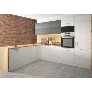 Küchenzeile 160x273cm L-Form 10-tlg. weiß / weiß-graphit Acryl Hochglanz Einbauküche Küchenblock Küche