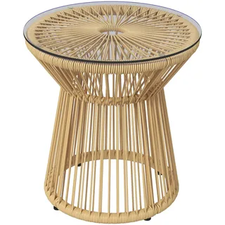 Outsunny Beistelltisch, runder Kaffeetisch, Bistrotisch mit Glastischplatte, Gartentisch, Hohltrommel-Design, für Terrasse, Balkon, Metall, Beige