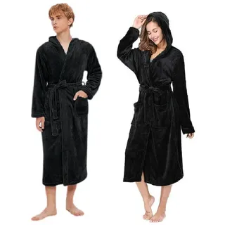 Rungassi Unisex-Bademantel Fleece Unisex Bademantel Morgenmantel mit Kapuze Schwarz 8209 Größe:, Kapuze, Gürtel schwarz 2XL-3XL