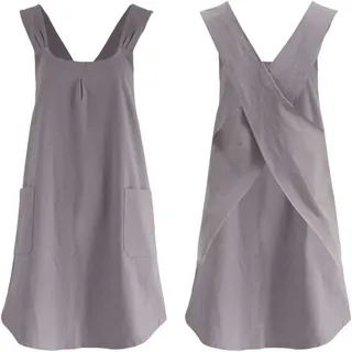 Schürzen Mit Gekreuzten Trägern, Baumwoll- Und Leinenschürzen Mit Zwei Taschen, Schürze Im Japanischen Stil, Gartenkleid, Grau