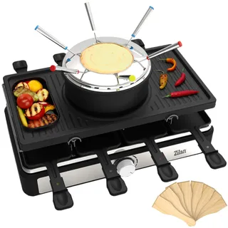 Raclette Grill mit Fondue Set | 8-Personen Tischgrill | Elektro Raclettegrill mit Massiver Naturstein- und beschichteter Grillplatte | Heizelement aus Edelstahl