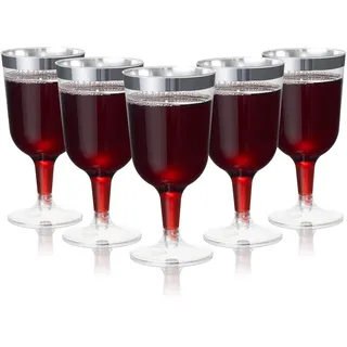MATANA 48 Premium Elegante Plastik Weingläser mit Silberrand, 180ml - Mehrweg Cocktailgläser, Gold Weingläser aus Kunststoff, Weinbecher für Hochzeiten, Geburtstage & Partys