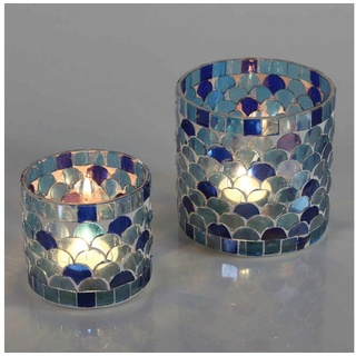 Casa Moro Windlicht Orientalisches Mosaik Glas Windlicht Athen Dunkelblau handgefertigt (Boho Chic Teelichthalter Kerzenständer Kerzenhalter, Glaswindlicht in den Größen S und M oder als 2er Set bestellbar), Ramadan Dekoration blau|weiß