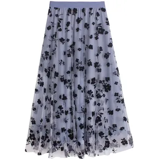 iyoimono Damen Tüllrock Falten Rock Höhe Taille A Line Mesh Freizeit Fashion Skirt Spitze Rock Midi Plisseerock Lässig Frühlingsrock(6809 Blau) - Einheitsgröße