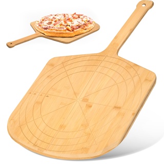 Loftern Holz Pizzaschieber 40 cm Pizzaschaufel mit eingravierten Größen - Mehrzweck Schneidebrett, Holzschieber für Pizza und Brot mit Größenführer und Schneidhilfe, Pizzaheber mit Gravur