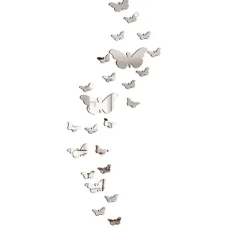 KINSI 3D-Wandtattoo 25 pcs Schmetterling Spiegel Aufkleber,Spiegeltapete,3D Wandaufkleber, Zur Wanddekoration in Schlafzimmern, Wohnzimmern und Badezimmern silberfarben