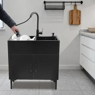 Spülenschrank - Spülbecken 75 x 41 cm - Doppelbecken - Edelstahl - Mit ausziehbarer Armatur - Freistehend - Schwarz - Schwarz