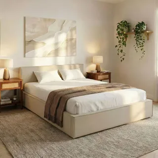 Polsterbett PESARO 160x200 cm, Beige – modernes Doppelbett mit Lattenrost, Stoffbezug aus 100% Polyester in Leinen Optik, mit Kopfteil für Schal... - Beige