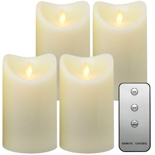 Tronje LED Echtwachskerzen 4er Set mit Timer u. Fernbedienung 15cm Kerzen mit beweglicher Flamme 1000 Std. Brenndauer Creme-Weiß
