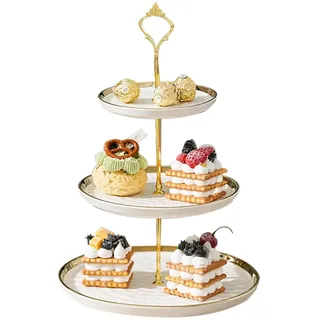 Cupcake-Ständer Keramik Kuchen Stand mit 3-Lagen Eingelegten Gold Tier Tables Obstteller für Couchtisch Dekoration, Cupcake und Teller Dessert Stand (weiß)