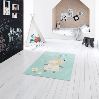 Kinderteppich Bär, Rechteckiger Kurzflorteppich, ideal für das Kinderzimmer - Spielzimmer, pflegeleicht - schmutzabweisend, Polypropylen, 120x170 cm, Blau - Mehrfarbig