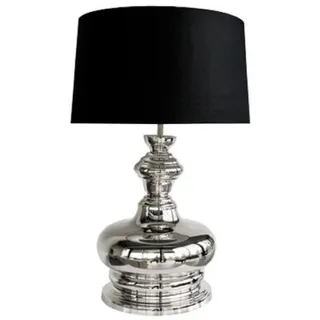 Casa Padrino Luxus Tischleuchte Silber / Schwarz Ø 44 x H. 75 cm - Runde Messing Tischlampe mit Lampenschirm