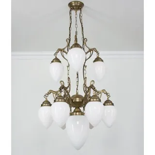 Licht-Erlebnisse Pendelleuchte D233, ohne Leuchtmittel, Messing Glas E27 H: max. 135 cm in Berliner Opal Weiß Jugendstil bunt